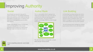 Improving Authority
 Social                                           Author Rank                                     Link Building
Social Media has become a key part in            This is a new update which is going to be        Link Building has always being a key metric
online marketing, for any website which has      rolled out by Google very soon, this will tie    to see your website rank higher for certain
little or no authority social media can be the   content to an actual user giving people a        keywords. No matter what your industry is
ideal place to quickly grow an audience and      face to the name. This will combine              everyone looks at websites which rank
show how knowledgeable you are within            Google+ and Google SERPS to create Google        higher in Google for various keywords to be
that industry.                                   Authorship.                                      more authoritative than any other website.

Engage with industry experts to show you                                                          You will only get these rankings by creating
have authority and then help answer                                                               great content which in turn will attract links.
questions which people less experienced
than you might not know the answer to.




                                                 This will all be about creating killer content
                                                 which will get shared socially.
Create compelling content for social media
sites



                                                        www.kevinwiles.co.uk
 
