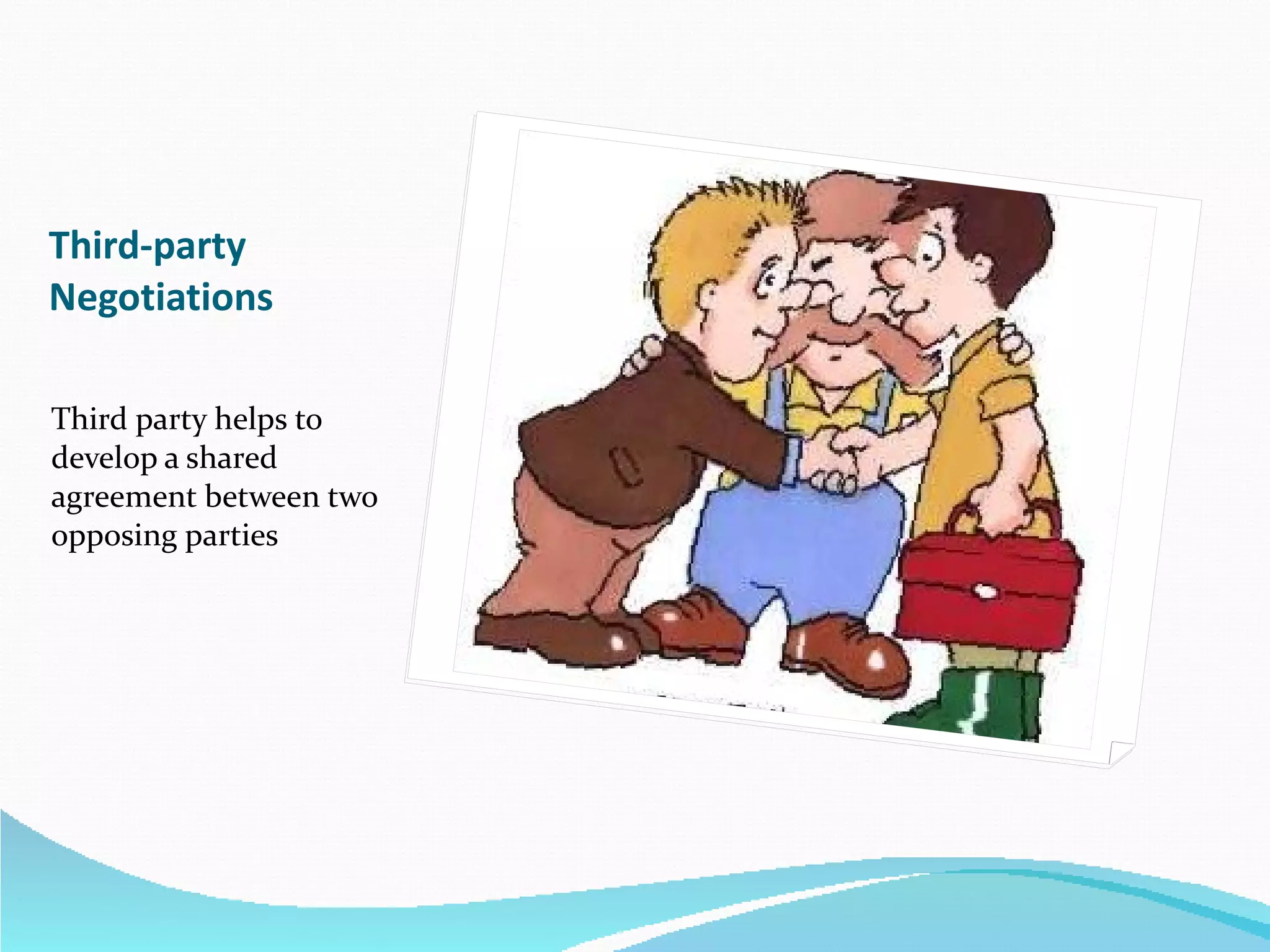 Third-party Negotiations Third party helps to develop a shared agreement between two opposing parties 