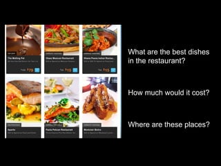 What are the best dishes
in the restaurant?
How much would it cost?
Where are these places?
 