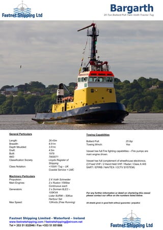 Bargarth
                                                                          25 Ton Bollard Pull Twin Voith Tractor Tug




General Particulars                                    Towing Capabilities

Length:                     28.43m                     Bollard Pull:                               25 tbp
Breadth:                    8.51m                      Towing Winch:                               Yes
Depth Moulded:              3.51m
Draft:                      4.5m                       Vessel has full Fire fighting capabilities – Fire pumps are
Built:                      1979                       main engine driven.
IMO:                        7800071
Classification Society      Lloyds Register of         Vessel has full complement of wheelhouse electronics.
                            Shipping                   (3 Fixed VHF / 2 Hand Held VHF / Radar / Class A AIS
Class Notation:             +100A1 Tug – UK            SART / EPIRB / NAVTEX / CCTV SYSTEM)
                            Coastal Service + LMC

Machinery Particulars
Propulsion:                 2 X Voith Schneider
Main Engines:               2 x Ruston 1095kw
                            Continuous each
Generators:                 2 x Dorman 6LE2 –
                            105KVA                     For any further information or detail on chartering this vessel
                            Lister 9URW – 50Kva        please contact our office on the numbers listed below.
                            Harbour Set
Max Speed:                  12Knots (Free Running)     All details given in good faith without guarantee / prejudice




Fastnet Shipping Limited - Waterford – Ireland
www.fastnetshipping.com / fastnetshipping@eircom.net
Tel + 353 51 832946 / Fax +353 51 851886
 