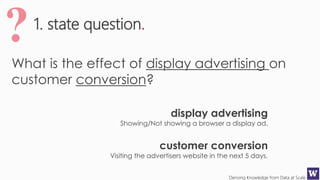 Deriving Knowledge from Data at Scale
What is the effect of display advertising on
customer conversion?
1. state question.
display advertising
Showing/Not showing a browser a display ad.
customer conversion
Visiting the advertisers website in the next 5 days.
 