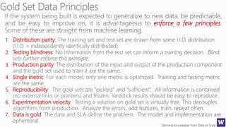 Deriving Knowledge from Data at Scale
enforce a few principles
1. Distribution parity
2. Testing blindness
3. Production parity
4. Single metric
5. Reproducibility
6. Experimentation velocity
7. Data is gold
 