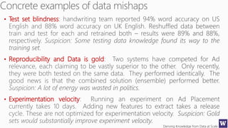 Deriving Knowledge from Data at Scale
• Test set blindness
• Reproducibility and Data is gold
• Experimentation velocity
 