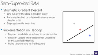 Deriving Knowledge from Data at Scale
Semi-Supervised SVM
Stochastic Gradient Descent
• One run over the data in random order
• Each misclassified or unlabeled instance moves
classifier a bit
• Steps get smaller over time
Implementation on Hadoop
• Mapper: send data to reducer in random order
• Reducer: update linear classifier for unlabeled
or misclassified instances
• Many random runs to find best one
 