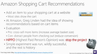 Deriving Knowledge from Data at Scale
• HiPPO stop the project
From Greg Linden’s Blog: http://glinden.blogspot.com/2006/04/early-amazon-shopping-cart.html
 