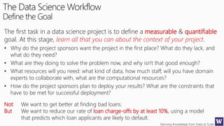 Deriving Knowledge from Data at Scale
The Data Science Workflow
Define the Goal
The first task in a data science project is to define a measurable & quantifiable
goal. At this stage, learn all that you can about the context of your project.
• Why do the project sponsors want the project in the first place? What do they lack, and
what do they need?
• What are they doing to solve the problem now, and why isn't that good enough?
• What resources will you need: what kind of data, how much staff, will you have domain
experts to collaborate with, what are the computational resources?
• How do the project sponsors plan to deploy your results? What are the constraints that
have to be met for successful deployment?
Not We want to get better at finding bad loans.
But We want to reduce our rate of loan charge-offs by at least 10%, using a model
that predicts which loan applicants are likely to default.
 