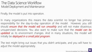 Deriving Knowledge from Data at Scale
The Data Science Workflow
Model Deployment and Maintenance
Finally, the model is put into operation.
In many organizations this means the data scientist no longer has primary
responsibility for the day-to-day operation of the model. However, you still
should ensure that the model will run smoothly and will not make disastrous
unsupervised decisions. You also want to make sure that the model can be
updated as its environment changes. And in many situations, the model will
initially be deployed in a small pilot program.
The test might bring out issues that you didn't anticipate, and you will have to
adjust the model appropriately.
 