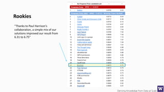 Deriving Knowledge from Data at Scale
“Thanks to Paul Harrison's
collaboration, a simple mix of our
solutions improved our result from
6.31 to 6.75”
Rookies
 