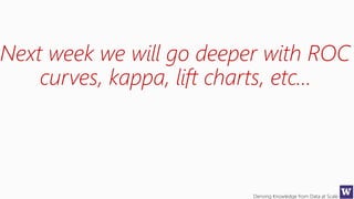 Deriving Knowledge from Data at Scale
Next week we will go deeper with ROC
curves, kappa, lift charts, etc…
 