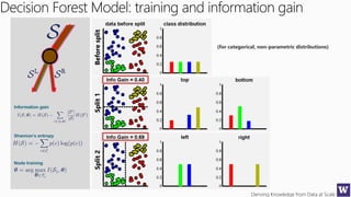 Deriving Knowledge from Data at Scale
Decision Forest Model: training and information gain
Beforesplit
Information gain
Shannon’s entropy
Node training
(for categorical, non-parametric distributions)
Split1Split2
 