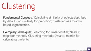 Deriving Knowledge from Data at Scale
Clustering
Fundamental Concepts: Calculating similarity of objects described
by data; Using similarity for prediction; Clustering as similarity-
based segmentation.
Exemplary Techniques: Searching for similar entities; Nearest
neighbor methods; Clustering methods; Distance metrics for
calculating similarity.
 