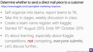 Deriving Knowledge from Data at Scale
https://www.kaggle.com/c/springleaf-marketing-response
not
Determine whether to send a direct mail piece to a customer
 