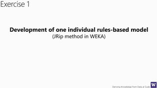 Deriving Knowledge from Data at Scale
Exercise 1
Development of one individual rules-based model
(JRip method in WEKA)
 