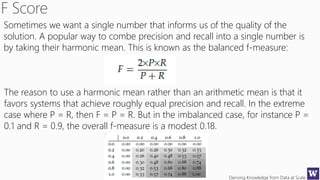 Deriving Knowledge from Data at Scale
Sometimes we want a single number that informs us of the quality of the
solution. A popular way to combe precision and recall into a single number is
by taking their harmonic mean. This is known as the balanced f-measure:
The reason to use a harmonic mean rather than an arithmetic mean is that it
favors systems that achieve roughly equal precision and recall. In the extreme
case where P = R, then F = P = R. But in the imbalanced case, for instance P =
0.1 and R = 0.9, the overall f-measure is a modest 0.18.
 