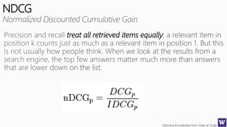 Deriving Knowledge from Data at Scale
NDCG
treat all retrieved items equally
 