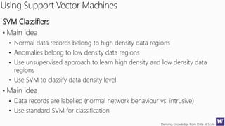 Deriving Knowledge from Data at Scale
Using Support Vector Machines
SVM Classifiers
• Main idea
• Normal data records belong to high density data regions
• Anomalies belong to low density data regions
• Use unsupervised approach to learn high density and low density data
regions
• Use SVM to classify data density level
• Main idea
• Data records are labelled (normal network behaviour vs. intrusive)
• Use standard SVM for classification
 