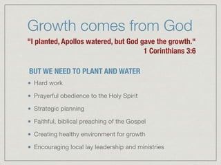 Growth comes from God
Hard work

Prayerful obedience to the Holy Spirit

Strategic planning

Faithful, biblical preaching of the Gospel

Creating healthy environment for growth

Encouraging local lay leadership and ministries
"I planted, Apollos watered, but God gave the growth."
1 Corinthians 3:6
BUT WE NEED TO PLANT AND WATER
 