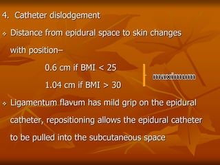 4. Catheter dislodgement
 Distance from epidural space to skin changes
with position–
0.6 cm if BMI < 25
1.04 cm if BMI > 30
 Ligamentum flavum has mild grip on the epidural
catheter, repositioning allows the epidural catheter
to be pulled into the subcutaneous space
 