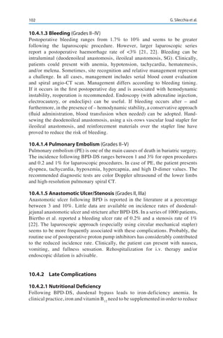 102 G. Silecchia et al.
10.4.1.3	Bleeding (Grades II–IV)
Postoperative bleeding ranges from 1.7% to 10% and seems to be greater
following the laparoscopic procedure. However, larger laparoscopic series
report a postoperative haemorrhage rate of <3% [21, 22]. Bleeding can be
intraluminal (duodenoileal anastomosis, ileoileal anastomosis, SG). Clinically,
patients could present with anemia, hypotension, tachycardia, hematemesis,
and/or melena. Sometimes, site recognition and relative management represent
a challenge. In all cases, management includes serial blood count evaluation
and spiral angio-CT scan. Management differs according to bleeding timing.
If it occurs in the first postoperative day and is associated with hemodynamic
instability, reoperation is recommended. Endoscopy (with adrenaline injection,
electrocautery, or endoclips) can be useful. If bleeding occurs after – and
furthermore, in the presence of – hemodynamic stability, a conservative approach
(fluid administration, blood transfusion when needed) can be adopted. Hand-
sewing the duodenoileal anastomosis, using a six-rows vascular load stapler for
ileoileal anastomosis, and reinforcement materials over the stapler line have
proved to reduce the risk of bleeding.
10.4.1.4	Pulmonary Embolism (Grades II–V)
Pulmonary embolism (PE) is one of the main causes of death in bariatric surgery.
The incidence following BPD-DS ranges between 1 and 3% for open procedures
and 0.2 and 1% for laparoscopic procedures. In case of PE, the patient presents
dyspnea, tachycardia, hypoxemia, hypercapnia, and high D-dimer values. The
recommended diagnostic tests are color Doppler ultrasound of the lower limbs
and high-resolution pulmonary spiral CT.
10.4.1.5	Anastomotic Ulcer/Stenosis (Grades II, IIIa)
Anastomotic ulcer following BPD is reported in the literature at a percentage
between 3 and 10%. Little data are available on incidence rates of duodenal-
jejunal anastomotic ulcer and stricture after BPD-DS. In a series of 1000 patients,
Biertho et al. reported a bleeding ulcer rate of 0.2% and a stenosis rate of 1%
[22]. The laparoscopic approach (especially using circular mechanical stapler)
seems to be more frequently associated with these complications. Probably, the
routine use of postoperative proton pump inhibitors has considerably contributed
to the reduced incidence rate. Clinically, the patient can present with nausea,
vomiting, and fullness sensation. Rehospitalization for i.v. therapy and/or
endoscopic dilation is advisable.
10.4.2	 Late Complications
10.4.2.1	Nutritional Deficiency
Following BPD-DS, duodenal bypass leads to iron-deficiency anemia. In
clinical practice, iron and vitamin B12
need to be supplemented in order to reduce
 