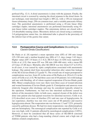 120 D. Foschi et al.
perfused (Fig. 12.1). A distal anastomosis is done with the jejunum. Finally, the
intestinal circuit is restored by suturing the distal jejunum to the distal ileum. In
our technique, total intestinal tract length is 400 cm, with a 150-cm transposed
ileum (alimentary loop), 250-cm common tract, and a variable pancreatic-biliary
tract. The gastroileal anastomosis is performed using a 45-mm linear (blue
cartridge) stapler, intestinal anastomoses are performed functionally using 45-
mm linear (white cartridge) staplers. The enterotomy defects are closed with a
2-0 absorbable running suture. Mesenteric defects are closed using a continuous
3-0 polypropylene suture line. An abdominal tube is placed in the proximity of
the inferior tract of the gastric-line suture.
12.5	 Postoperative Course and Complications (According to
Clavien-Dindo Classification)
De Paula et al. [9] reported a mean operation time (OT) of 188 min (range
125–330 min) and a median hospital stay (HS) of 3.3. days (range 3-63 days).
Higher values [OT 3.9 hours (3.1–8.2), HS 6.9 days (4–429] were reported by
Celik et al. [13]. Our mean OT was 290 min (180–480 min), with a mean HS
of 8 days (5–60 days). Mortality after SG-DD-II was low (from 0.27 to 0.4%);
in all cases, it was caused by septic complications associated with anastomotic
leakage. One patient died from myocardial infarction after suture-line leakage
of the SG (Clavien-Dindo [17] grade V). The overall rate of major postoperative
complications was low: from 4% in the series of De Paula et al. [9] to 6.1% in the
series of Celik et al. [13]. We had three cases out of 64 patients: two with leakage
and one with bleeding, all of whom required reoperation (Clavien-Dindo grade
IIIb). Minor complications were rare: there were three cases of wound infection
and wound hematoma (Clavien-Dindo grade I). Constipation and anorexia were
relatively frequent after discharge and may be considered typically related to
the operation. Furthermore, we had two late intestinal occlusions caused by
defects of the mesenteric folds; in both cases, surgical closure of the defect was
done (one patient also had jejunal resection for intestinal necrosis). Celik et al.
[13] described seven cases of diarrhea (2%) and one case of hypoglycemia. In
our experience, diarrhea was rare (two cases out of 60 patients) and reactive
hypoglycemia absent. The reoperation rate was between 1.3 and 7.22%, primarily
caused by gallstone disease. We had two more reoperations: one abdominoplasty
and one hernioplasty. The nonsurgical complication rate reported by Celik et al.
was very high, with 11 patients affected by neurological complications (3.05%).
However, it must be considered that all these series of SG-DD-II consisted
of T2DM patients who had a long-standing clinical course and a high rate of
diabetes-related complications.
 
