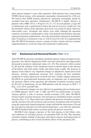 122 D. Foschi et al.
other patient relapsed 3 years after operation. Both patients had a long-lasting
T2DM clinical course, with autonomic neuropathy, demonstrated by a Tilt test.
We believe that T2DM patients affected by autonomic neuropathy should be
excluded from this operation. Furthermore, SG-DD-II is highly effective in
patients with a BMI <35 or < 30 kg/m2
(14, 15, 17). In such patients, a large SG
or fundectomy only is performed to reduce the risk of excessive weight loss, but
the metabolic effects of the operation seem to be very useful for these otherwise
unfavorable cases. Treatment side effects were mild; although the operation
cannot be classified as malabsorptive (only a few patients had diarrhea, and none
experienced protein malnutrition), since the intermediate cholesterol metabolites
(like 7α-hydroxy-4-cholesten-3-one. or 7αC4) were low [16]. It is important that
after SG-DD-II all patients assume a regime of daily vitamin and trace element
supplementation to avoid any long-term nutritional complications.
12.7	 Biochemical and Hormonal Results (Table 12.1)
After SG-DD-II, glycemic and lipidic metabolic patterns improved impressively:
glycemia, low-density-lipoprotein (LDL) and total cholesterol and triglycerides
decreased to normal or subnormal values [11, 20]. The restrictive effect exerted
by SG and the inability of the interposed ileum to absorb lipids in the absence
of the biliary salts limit caloric intake and reduce body weight. The decrease in
adipose tissue induces very important changes in adipokines: leptin and resistin
decrease, whereas adiponectin increases [21], restoring the best metabolic
conditions to reduce lipotoxicity on the β-cell mass. Further changes induced by
SG-DD-II on gastrointestinal hormones play an important role in determining
the anorectic effects of the operation: the reduction of ghrelin secretion caused
by SG [22] or fundectomy (in low BMI patients) and the increase in GLP-1 -2
(Fig. 12.2), PYY, and GIP [20].
These hormonal changes are also effective in regulating glucose homeostasis
in T2DM patients. GLP-1 and -2, GIP, and PYY are proincretinic of insulin,
whereas ghrelin is able to increase insulin resistance [23]. After SG-DD-II,
fasting insulin secretion decreases and oral-glucose-stimulated insulin secretion
increases (Fig. 12.3). These effects are related to the decrease of insulin resistance
and the increase of β-cell sensitivity and secretion. Evaluation of β-cell function
using the euglycemic hyperinsulinemic clamp with both the intravenous [24] and
the oral glucose tolerance test [25] demonstrated that 1 year after the operation,
SG-DD-II doubled both insulin secretion and β-cell glucose sensitivity.
SG-DD-II also changes exposure of the ileal mucosa to the biliary salts,
with inhibition of 7αC4and increase of enterokine FGF-19 [19]. This hormone
stimulates hepatic buildup of glycogen and reduces glucose and triglycerides in
plasma, contributing to the overall metabolic effects of the operation [26].
 