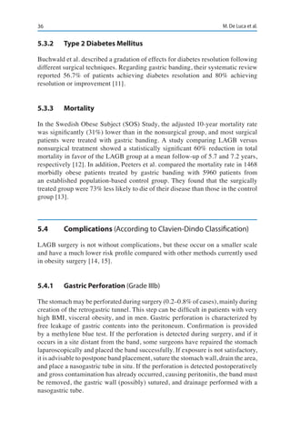 36 M. De Luca et al.
5.3.2	 Type 2 Diabetes Mellitus
Buchwald et al. described a gradation of effects for diabetes resolution following
different surgical techniques. Regarding gastric banding, their systematic review
reported 56.7% of patients achieving diabetes resolution and 80% achieving
resolution or improvement [11].
5.3.3	Mortality
In the Swedish Obese Subject (SOS) Study, the adjusted 10-year mortality rate
was significantly (31%) lower than in the nonsurgical group, and most surgical
patients were treated with gastric banding. A study comparing LAGB versus
nonsurgical treatment showed a statistically significant 60% reduction in total
mortality in favor of the LAGB group at a mean follow-up of 5.7 and 7.2 years,
respectively [12]. In addition, Peeters et al. compared the mortality rate in 1468
morbidly obese patients treated by gastric banding with 5960 patients from
an established population-based control group. They found that the surgically
treated group were 73% less likely to die of their disease than those in the control
group [13].
5.4	Complications (According to Clavien-Dindo Classification)
LAGB surgery is not without complications, but these occur on a smaller scale
and have a much lower risk profile compared with other methods currently used
in obesity surgery [14, 15].
5.4.1	 Gastric Perforation (Grade IIIb)
The stomach may be perforated during surgery (0.2–0.8% of cases), mainly during
creation of the retrogastric tunnel. This step can be difficult in patients with very
high BMI, visceral obesity, and in men. Gastric perforation is characterized by
free leakage of gastric contents into the peritoneum. Confirmation is provided
by a methylene blue test. If the perforation is detected during surgery, and if it
occurs in a site distant from the band, some surgeons have repaired the stomach
laparoscopically and placed the band successfully. If exposure is not satisfactory,
it is advisable to postpone band placement, suture the stomach wall, drain the area,
and place a nasogastric tube in situ. If the perforation is detected postoperatively
and gross contamination has already occurred, causing peritonitis, the band must
be removed, the gastric wall (possibly) sutured, and drainage performed with a
nasogastric tube.
 