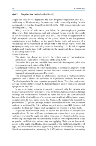 50 E. Soricelli et al.
6.4.2	 Staple-Line Leak (Grades IIIa–IV)
Staple-line leak (0–7%) represents the most frequent complication after LSG,
and it may be life-threatening. In most cases, leaks occur early, during the first
postoperative week; late leaks (from the 8th to the ~40th postoperative day) are
less frequent [13, 44].
Ninety percent of leaks occur just below the gastroesophageal junction
(Fig. 6.4a). Both pathophysiological and technical factors seem to play a role
in the development of gastric leaks after LSG. The former are represented by
high intragastric pressure, sliding of the gastric tubule in the low-pressure
mediastinum, lower thickness of the gastric fundus wall, and presence of a
critical area of vascularization on the left side of the cardias region, where the
oesophageal and gastric arterial systems are bordering [12]. Technical aspects
include small bougie size (<36 F) and injury to the gastric wall during hemostasis
or dissecting manoeuvers.
Practical rules are:
1.	The staple line should not involve the critical area of vascularization,
remaining 1–2 cm lateral to the angle of His (Fig. 6.3b).
2.	 The end of the staple line should be fixed to the left diaphragmatic pillar with
two nonabsorbable sutures (Fig. 6.4b).
3.	 Countertraction should be somewhat loosened at the incisura angularis while
resecting the stomach in order to avoid functional stenosis, which results in
increased intragastric pressure (Fig. 6.4a).
The management of leaks is challenging, requiring a multidisciplinary
approach, and it should be performed in experienced bariatric institutions.
Timely diagnosis is the most important prognostic factor. Therefore, patients are
advised to immediately contact the bariatric team in case of strange or unusual
symptoms of any kind.
In our experience, operative treatment is reserved only for patients with
hemodynamic instability and signs of acute peritonitis. Peritoneal toilet and proper
drainage are recommended. Attempts to repair the fistula are contraindicated
because of the high incidence of recurrence and the risk of adding further severe
complications. In most cases, staple-line leaks can be successfully managed by
percutaneous CT-guided drainage, alone or in combination with stent placement
and enteral nutrition (Fig. 6.4c), without surgical intervention [48]. Unsuccessful
control of the leak may require total gastrectomy or creation of a Roux limb.
Staple-line reinforcement seems to reduce the incidence of postoperative
complications. To date, different reinforcement options have been proposed,
such as oversewing the staple line with a running or inverting absorbable suture,
buttressing the staple line with absorbable materials (bovine pericardium strips
or porcine small intestine submucosa), and applying fibrin glue or hemostatic
agents to the staple line. Routine reinforcement of the staple line, regardless of
type, has been demonstrated to significantly reduce the incidence of bleeding.
Data from a recent review, accounting for 8,920 patients, showed that buttressing
 