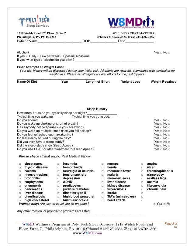 bariatric weight loss forms for poly tech sleep and w8md weight los