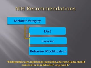 Bariatric Surgery
Diet
Exercise
Behavior Modification
“Postoperative care, nutritional counseling, and surveillance should
continue for an indefinitely long period.”
 