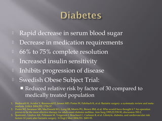  Rapid decrease in serum blood sugar
 Decrease in medication requirements
 66% to 75% complete resolution
 Increased insulin sensitivity
 Inhibits progression of disease
 Swedish Obese Subject Trial:
 Reduced relative risk by factor of 30 compared to
medically treated population
1. Buchwald H, Avidor Y, Braunwald E, Jensen MD, Pories W, Fahrbach K, et al. Bariatric surgery: a systematic review and meta-
analysis. JAMA 2004;292: 1724-37.
2. Pories WJ, Swanson MS, MacDonald KG, Long SB, Morris PG, Brown BM, et al. Who would have thought it ? An operation
proves to be the most effective therapy for adult-onset diabetes mellitus. Ann Surg 1995;22:339-50, discussion 350-2.
3. SjostromL, Lindros AK, Peltonem M, Torgerson J, Bouchard C, Carlsson B, et al. Lifestyle, diabetes, and cardiovascular risk
factors 10 years after bariatric surgery. N Engl J Med 2004;351: 2683-93.
 
