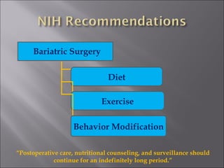 Bariatric Surgery Diet Exercise Behavior Modification “ Postoperative care, nutritional counseling, and surveillance should continue for an indefinitely long period.” 