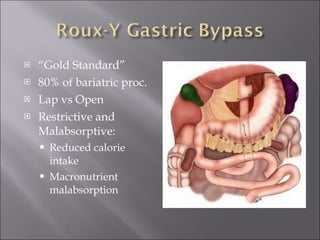 “ Gold Standard” 80% of bariatric proc. Lap vs Open Restrictive and Malabsorptive: Reduced calorie intake Macronutrient malabsorption  
