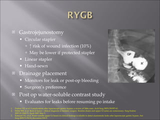 Gastrojejunostomy Circular stapler ↑  risk of wound infection (10%) May be lower if protected stapler Linear stapler Hand-sewn Drainage placement Monitors for leak or post-op bleeding Surgeon’s preference Post op water-soluble contrast study Evaluates for leaks before resuming po intake Podnos YD, et al. Complications after laparoscopic gastric bypass: a review of 3464 cases. Arch Surg 2003;138:957-61. Dallal RM, et al. Back to basics – clinical diagnosis in bariatric surgery. Routine drains and upper GI series are unnecessary. Surg Endosc 2007;21:2268-71. Epub 2007 May 5. Katasani VG, et al. Water-soluble upper Gi based on clinical findings is reliable to detect anastomotic leaks after laparoscopic gastric bypass. Am Surg 2005;71:916-8, discussion 918-9. 