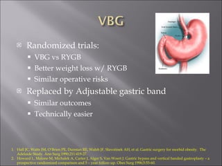 Randomized trials: VBG vs RYGB Better weight loss w/ RYGB Similar operative risks Replaced by Adjustable gastric band Similar outcomes Technically easier Hall JC, Watts JM, O’Brien PE, Dunstan RE, Walsh JF, Slavotinek AH, et al. Gastric surgery for morbid obesity.  The Adelaide Study. Ann Surg 1990;211:419-27. Howard L, Malone M, Michalek A, Carter J, Alger S, Van Woert J. Gastric bypass and vertical banded gastroplasty – a prospective randomized comparison and 5 – year follow-up. Obes Surg 1996;5:55-60. 