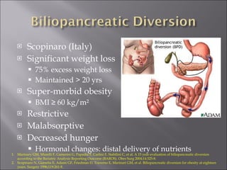 Scopinaro (Italy) Significant weight loss 75% excess weight loss Maintained > 20 yrs Super-morbid obesity BMI ≥ 60 kg/m² Restrictive Malabsorptive Decreased hunger Hormonal changes: distal delivery of nutrients Marinary GM, Murelli F, Camerini G, Papadia F, Carlini F, Stabilini C, et al. A 15 year evaluation of biliopancreatic diversion according to the Bariatric Analysis Reporting Outcome (BAROS). Obes Surg 2004;14:325-8. Scopinaro N, Gianetta E, Adami GF, Friedman D, Traverso E, Marinari GM, et al. Biliopancreatic diversion for obesity at eighteen years. Surgery 1996;119:261-8. 