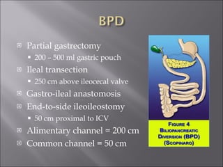 Partial gastrectomy 200 – 500 ml gastric pouch Ileal transection 250 cm above ileocecal valve Gastro-ileal anastomosis End-to-side ileoileostomy 50 cm proximal to ICV Alimentary channel = 200 cm Common channel = 50 cm 