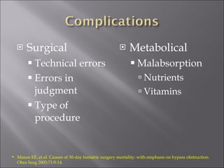 Surgical Technical errors Errors in judgment Type of procedure Metabolical Malabsorption Nutrients Vitamins Mason EE, et al. Causes of 30-day bariatric surgery mortality: with emphasis on bypass obstruction. Obes Surg 2005;71:9-14 . 