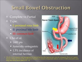 Complete vs Partial Type: I: proximal roux limb II: proximal bile limb III: common limb Cho et al. 1400 pts Antecolic-antegastric 1.5% incidence of internal hernias Cho M, et al. Frequency and management of internal hernias after laparoscopic antecolic antegastric Roux-en-Y gastric bypass without division of the small bowel mesentery or closure of mesenteric defects: review of 1400 consecutive cases. Surg Obes Relat Diseas 2006;2:2 87 – 91. .  