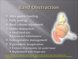 After gastric banding Early post op Band volume adjustment Outlet obstruction Small band size Edema and inflammation Non-operative management If persistent: re-operation Excision of perigastric fat under band Replacement with larger size Shen R, et al. Removal of perigastric fat prevents acute obstruction after Lap-Band surgery. Obes Surg 2004;14:224-9. Patel SM, Shapiro K, Abdo Z, Ferzli GS. Obstructive symptoms associated with the Lap-Band in the first 24 hours. Surg Endosc 2004;18:51-5. 