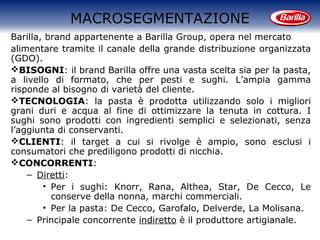 MACROSEGMENTAZIONE
Barilla, brand appartenente a Barilla Group, opera nel mercato
alimentare tramite il canale della grande distribuzione organizzata
(GDO).
BISOGNI: il brand Barilla offre una vasta scelta sia per la pasta,
a livello di formato, che per pesti e sughi. L’ampia gamma
risponde al bisogno di varietà del cliente.
TECNOLOGIA: la pasta è prodotta utilizzando solo i migliori
grani duri e acqua al fine di ottimizzare la tenuta in cottura. I
sughi sono prodotti con ingredienti semplici e selezionati, senza
l’aggiunta di conservanti.
CLIENTI: il target a cui si rivolge è ampio, sono esclusi i
consumatori che prediligono prodotti di nicchia.
CONCORRENTI:
– Diretti:
• Per i sughi: Knorr, Rana, Althea, Star, De Cecco, Le
conserve della nonna, marchi commerciali.
• Per la pasta: De Cecco, Garofalo, Delverde, La Molisana.
– Principale concorrente indiretto è il produttore artigianale.
 