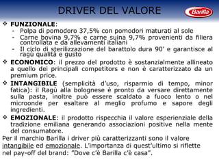 DRIVER DEL VALORE
 FUNZIONALE:
- Polpa di pomodoro 37,5% con pomodori maturati al sole
- Carne bovina 9,7% e carne suina 9,7% provenienti da filiera
controllata e da allevamenti italiani
- Il ciclo di sterilizzazione del barattolo dura 90’ e garantisce al
ragù qualità e gusto
 ECONOMICO: il prezzo del prodotto è sostanzialmente allineato
a quello dei principali competitors e non è caratterizzato da un
premium price.
 INTANGIBILE (semplicità d’uso, risparmio di tempo, minor
fatica): il Ragù alla bolognese è pronto da versare direttamente
sulla pasta, inoltre può essere scaldato a fuoco lento o nel
microonde per esaltare al meglio profumo e sapore degli
ingredienti.
 EMOZIONALE: il prodotto rispecchia il valore esperienziale della
tradizione emiliana generando associazioni positive nella mente
del consumatore.
Per il marchio Barilla i driver più caratterizzanti sono il valore
intangibile ed emozionale. L’importanza di quest’ultimo si riflette
nel pay-off del brand: ”Dove c’è Barilla c’è casa”.
 