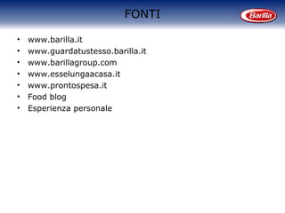 FONTI
• www.barilla.it
• www.guardatustesso.barilla.it
• www.barillagroup.com
• www.esselungaacasa.it
• www.prontospesa.it
• Food blog
• Esperienza personale
 