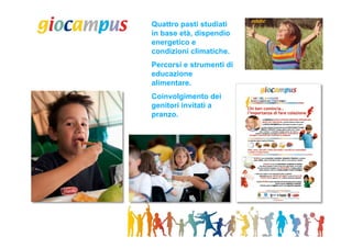Quattro pasti studiati
in base età, dispendio
energetico e
condizioni climatiche.
Percorsi e strumenti di
educazione
alimentare.
Coinvolgimento dei
genitori invitati a
pranzo.
 
