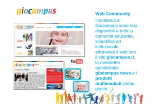Web Community
I contenuti di
Giocampus sono resi
disponibili a tutta la
comunità educante,
scientifica ed
istituzionale
attraverso il web con
il sito giocampus.it,
la newsletter
quindicinale
giocampus news e i
prodotti
multimediali (video,
giochi…).
 
