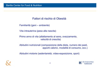 Barilla Center for Food & Nutrition




                          Fattori di rischio di Obesità

             Familiarità (geni – ambiente)

             Vita intrauterina (peso alla nascita)

             Primo anno di vita (allattamento al seno, svezzamento,
                                  velocità di crescita)

             Abitudini nutrizionali (composizione della dieta, numero dei pasti,
                                     apporti calorici, modalità di consumo, ecc.)

             Abitudini motorie (sedentarietà, video-esposizione, sport)


                                           10
 