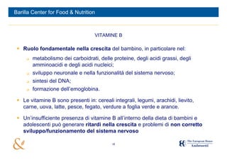 Barilla Center for Food & Nutrition



                                    VITAMINE B

  Ruolo fondamentale nella crescita del bambino, in particolare nel:
        metabolismo dei carboidrati, delle proteine, degli acidi grassi, degli
         amminoacidi e degli acidi nucleici;
        sviluppo neuronale e nella funzionalità del sistema nervoso;
        sintesi del DNA;
        formazione dell’emoglobina.

  Le vitamine B sono presenti in: cereali integrali, legumi, arachidi, lievito,
   carne, uova, latte, pesce, fegato, verdure a foglia verde e arance.

  Un’insufficiente presenza di vitamine B all’interno della dieta di bambini e
   adolescenti può generare ritardi nella crescita e problemi di non corretto
   sviluppo/funzionamento del sistema nervoso

                                            18
 