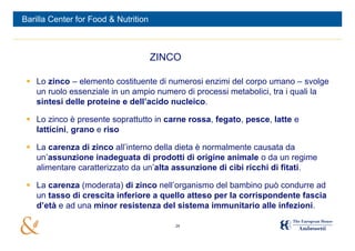 Barilla Center for Food & Nutrition



                                      ZINCO

  Lo zinco – elemento costituente di numerosi enzimi del corpo umano – svolge
   un ruolo essenziale in un ampio numero di processi metabolici, tra i quali la
   sintesi delle proteine e dell’acido nucleico.

  Lo zinco è presente soprattutto in carne rossa, fegato, pesce, latte e
   latticini, grano e riso

  La carenza di zinco all’interno della dieta è normalmente causata da
   un’assunzione inadeguata di prodotti di origine animale o da un regime
   alimentare caratterizzato da un’alta assunzione di cibi ricchi di fitati.

  La carenza (moderata) di zinco nell’organismo del bambino può condurre ad
   un tasso di crescita inferiore a quello atteso per la corrispondente fascia
   d’età e ad una minor resistenza del sistema immunitario alle infezioni.

                                          24
 