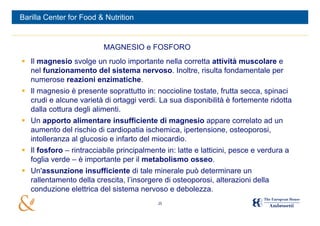 Barilla Center for Food & Nutrition


                          MAGNESIO e FOSFORO
 Il magnesio svolge un ruolo importante nella corretta attività muscolare e
  nel funzionamento del sistema nervoso. Inoltre, risulta fondamentale per
  numerose reazioni enzimatiche.
 Il magnesio è presente soprattutto in: noccioline tostate, frutta secca, spinaci
  crudi e alcune varietà di ortaggi verdi. La sua disponibilità è fortemente ridotta
  dalla cottura degli alimenti.
 Un apporto alimentare insufficiente di magnesio appare correlato ad un
  aumento del rischio di cardiopatia ischemica, ipertensione, osteoporosi,
  intolleranza al glucosio e infarto del miocardio.
 Il fosforo – rintracciabile principalmente in: latte e latticini, pesce e verdura a
  foglia verde – è importante per il metabolismo osseo.
 Un'assunzione insufficiente di tale minerale può determinare un
  rallentamento della crescita, l’insorgere di osteoporosi, alterazioni della
  conduzione elettrica del sistema nervoso e debolezza.
                                           25
 