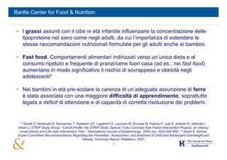 Barilla Center for Food & Nutrition


 I grassi assunti con il cibo in età infantile influenzano la concentrazione delle
  lipoproteine nel siero come negli adulti, da cui l’importanza di estendere le
  stesse raccomandazioni nutrizionali formulate per gli adulti anche ai bambini.

 Fast food. Comportamenti alimentari indirizzati verso un’unica dieta e al
  consumo ripetuto e frequente di pranzi/cene fuori casa (ad es.: nei fast food)
  aumentano in modo significativo il rischio di sovrappeso e obesità negli
  adolescenti5

 Nei bambini in età pre-scolare la carenza di un’adeguata assunzione di ferro
  è stata associata con una maggiore difficoltà di apprendimento, soprattutto
  legata a deficit di attenzione e di capacità di corretta risoluzione dei problemi.


   4
     Simell O, Niinikoski H, Rönnemaa T, Raitakari OT, Lagström H, Laurinen M, Aromaa M, Hakala P, Jula A, Jokinen E, Välimäki I,
 Viikari J; STRIP Study Group; “Cohort Profile: the STRIP Study (Special Turku Coronary Risk Factor Intervention Project), an Infancy-
  onset Dietary and Life-style Intervention Trial.”, International Journal of Epidemiology, 2009 Jun, 38(3):650-655.; 5 Sarah E. Barlow,
 Expert Committee Recommendations Regarding the Prevention, Assessment, and treatment of Child and Adolescent Overweight and
                                               Obesity: Summary Report, Pediatrics, 2007.
                                                                    7
 