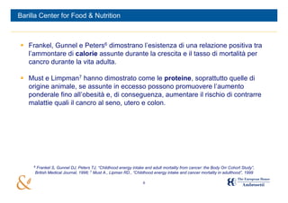 Barilla Center for Food & Nutrition



 Frankel, Gunnel e Peters6 dimostrano l’esistenza di una relazione positiva tra
  l’ammontare di calorie assunte durante la crescita e il tasso di mortalità per
  cancro durante la vita adulta.

 Must e Limpman7 hanno dimostrato come le proteine, soprattutto quelle di
  origine animale, se assunte in eccesso possono promuovere l’aumento
  ponderale fino all’obesità e, di conseguenza, aumentare il rischio di contrarre
  malattie quali il cancro al seno, utero e colon.




     6
      Frankel S, Gunnel DJ, Peters TJ, “Childhood energy intake and adult mortality from cancer: the Body Orr Cohort Study”,
     British Medical Journal, 1998; 7 Must A., Lipman RD., “Childhood energy intake and cancer mortality in adulthood”, 1999

                                                               8
 